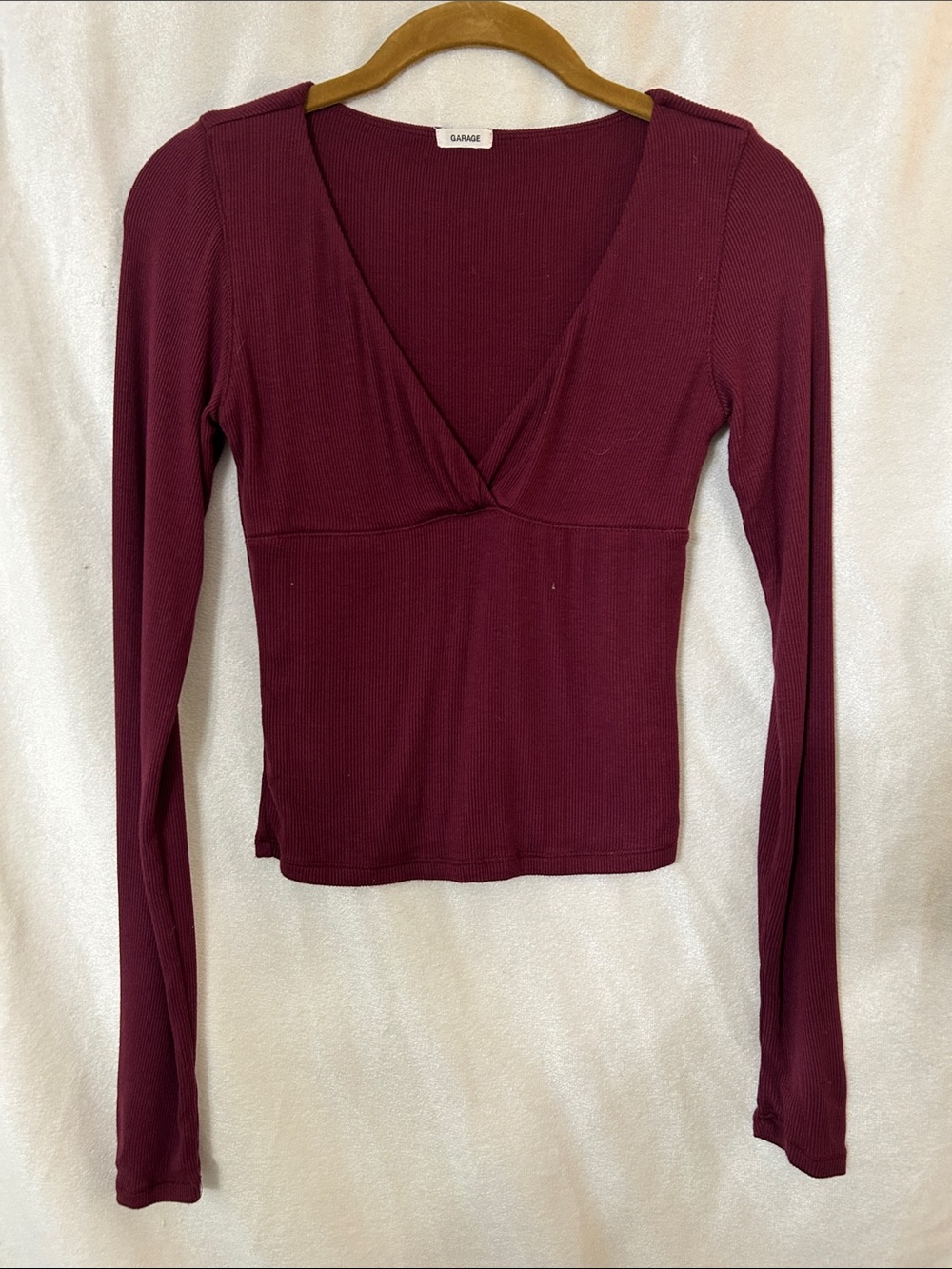 Garage Burgundy Ribbed Long Sleeve V-Neck Top